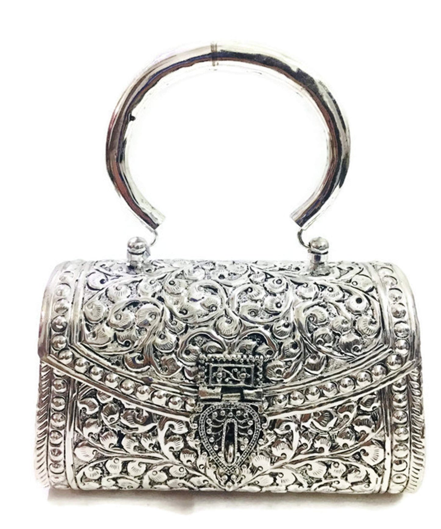Trend Overseas Oxidized Silver Clutch Bag with Handle – German Brass Bridal Purse for Weddings & Parties