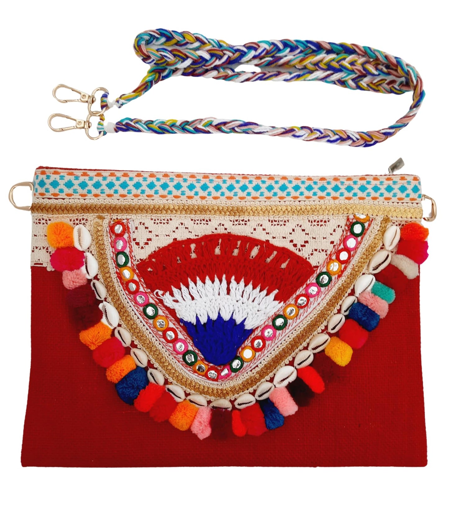 Trend Overseas Multicolor Jute Embroidery pom pom Bridal Bag cross body party sling bag