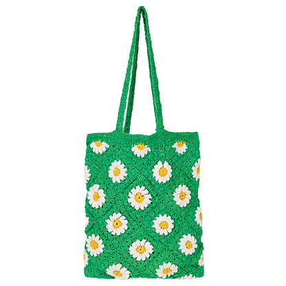 Trend Overseas Handwoven Crochet Multicolour Flower Straw Bag - Travel, Beach, Shopping Woven Shoulder Bag for Women