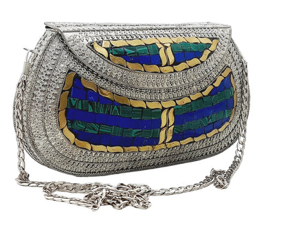 Trend Overseas Handmade Antique Stone Bag Ethnic Clutch - Metal Bag Perfect for Parties, Fits All Cellphone Models