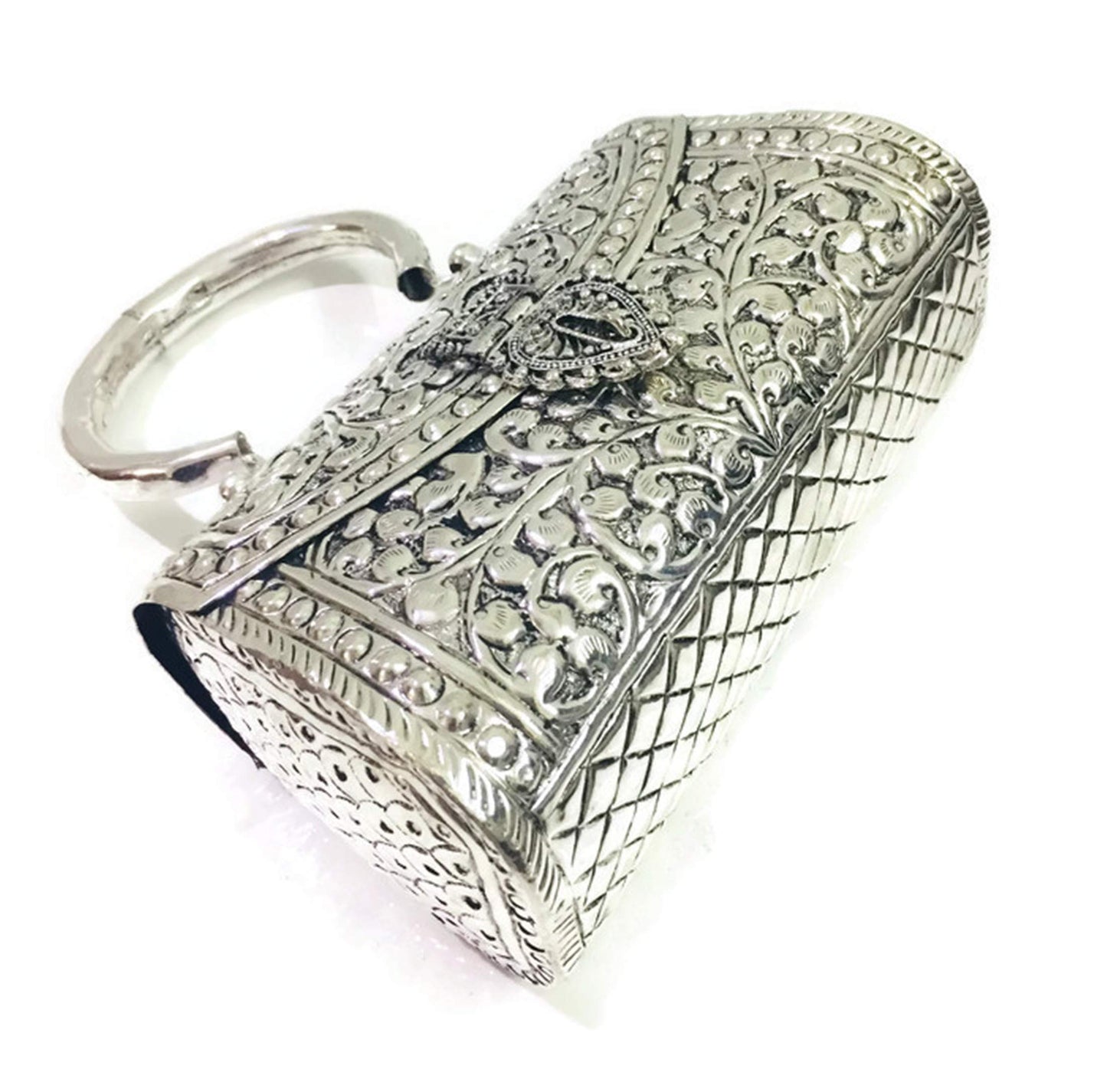 Trend Overseas Oxidized Silver Clutch Bag with Handle – German Brass Bridal Purse for Weddings & Parties