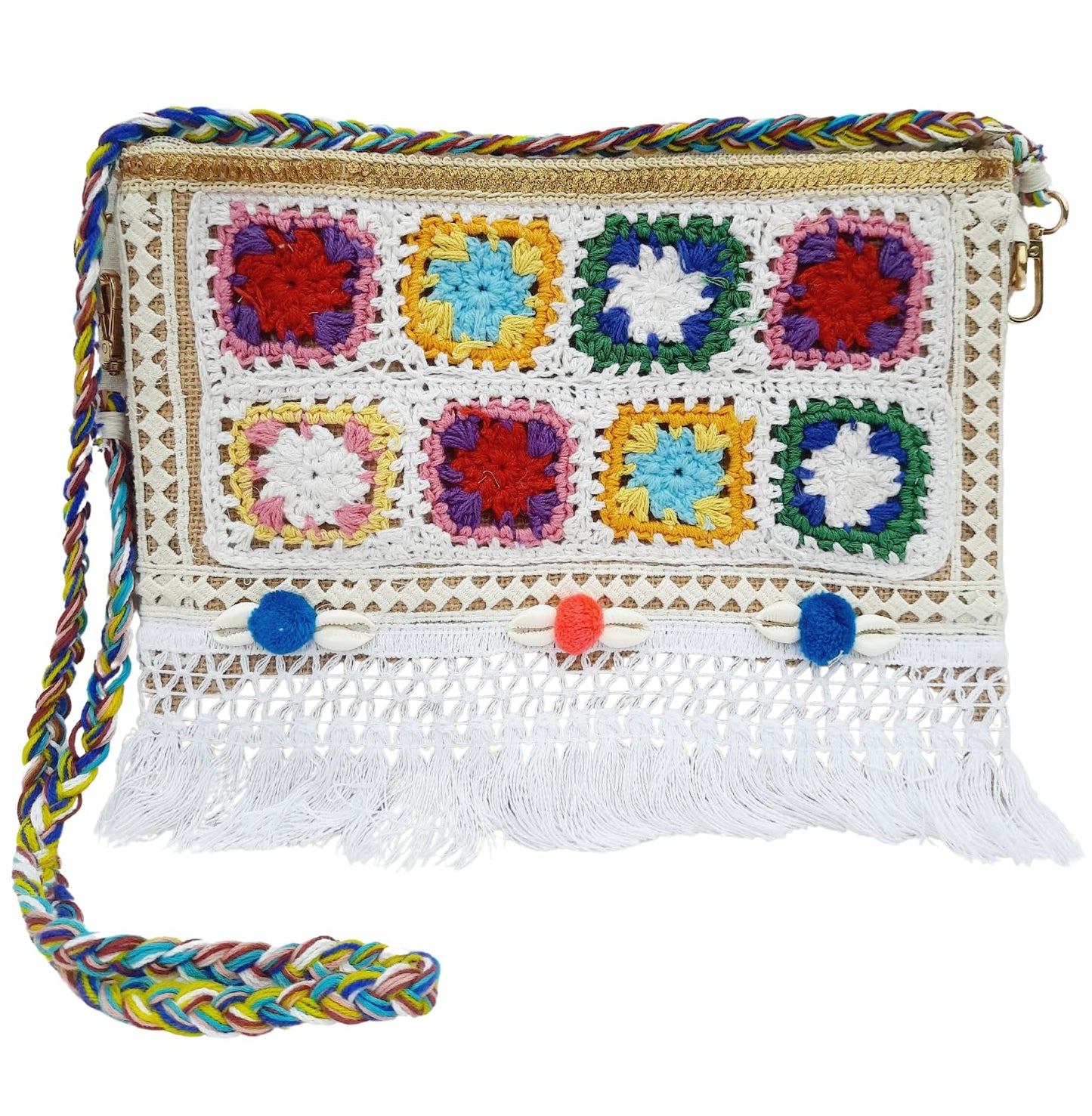 Trend Overseas Multicolor Jute Embroidery pom pom Bridal Bag cross body party sling bag