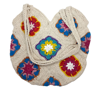 Trend Overseas Women Handmade Crochet Ivory Multicolour Flower Straw Bag Travel Beach Fishing Net Handbag Shopping Woven Shoulder Bag
