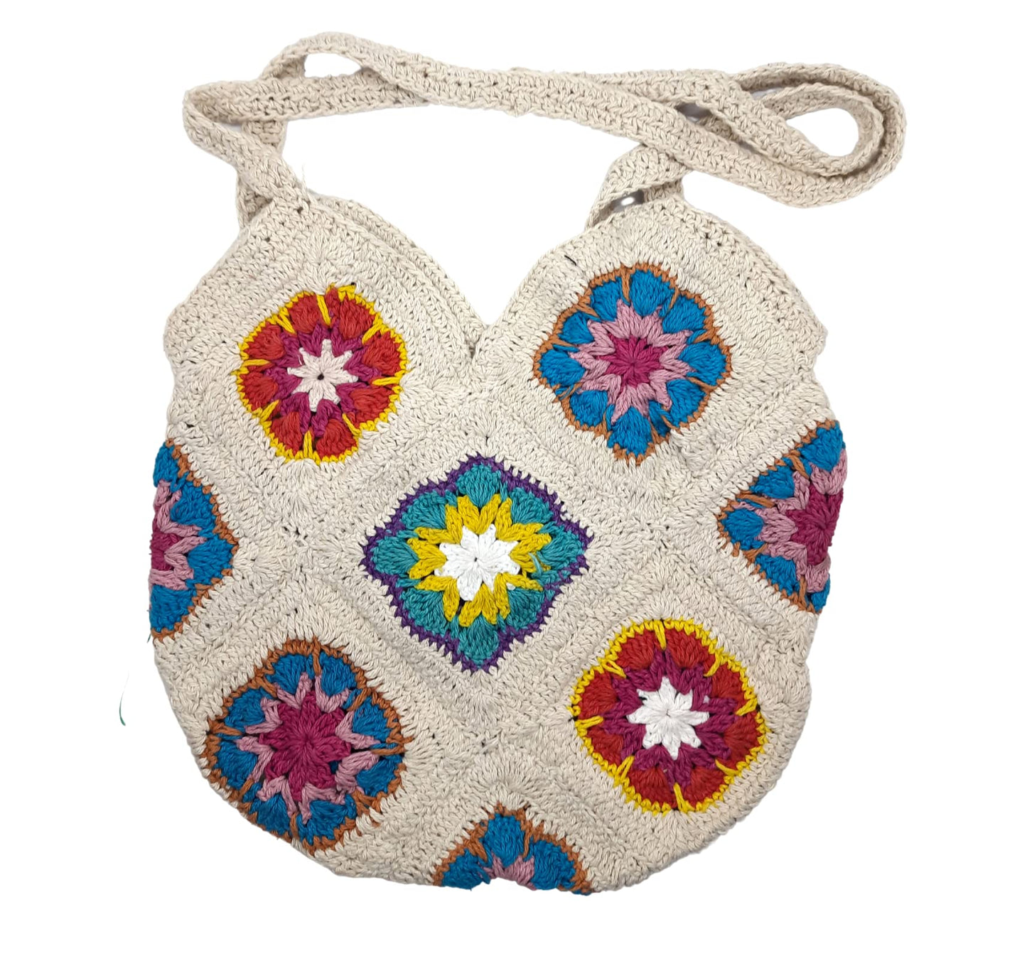 Trend Overseas Women Handmade Crochet Ivory Multicolour Flower Straw Bag Travel Beach Fishing Net Handbag Shopping Woven Shoulder Bag