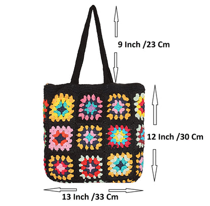 Trend Overseas Handwoven Crochet Multicolour Flower Straw Bag - Travel, Beach, Shopping Woven Shoulder Bag for Women