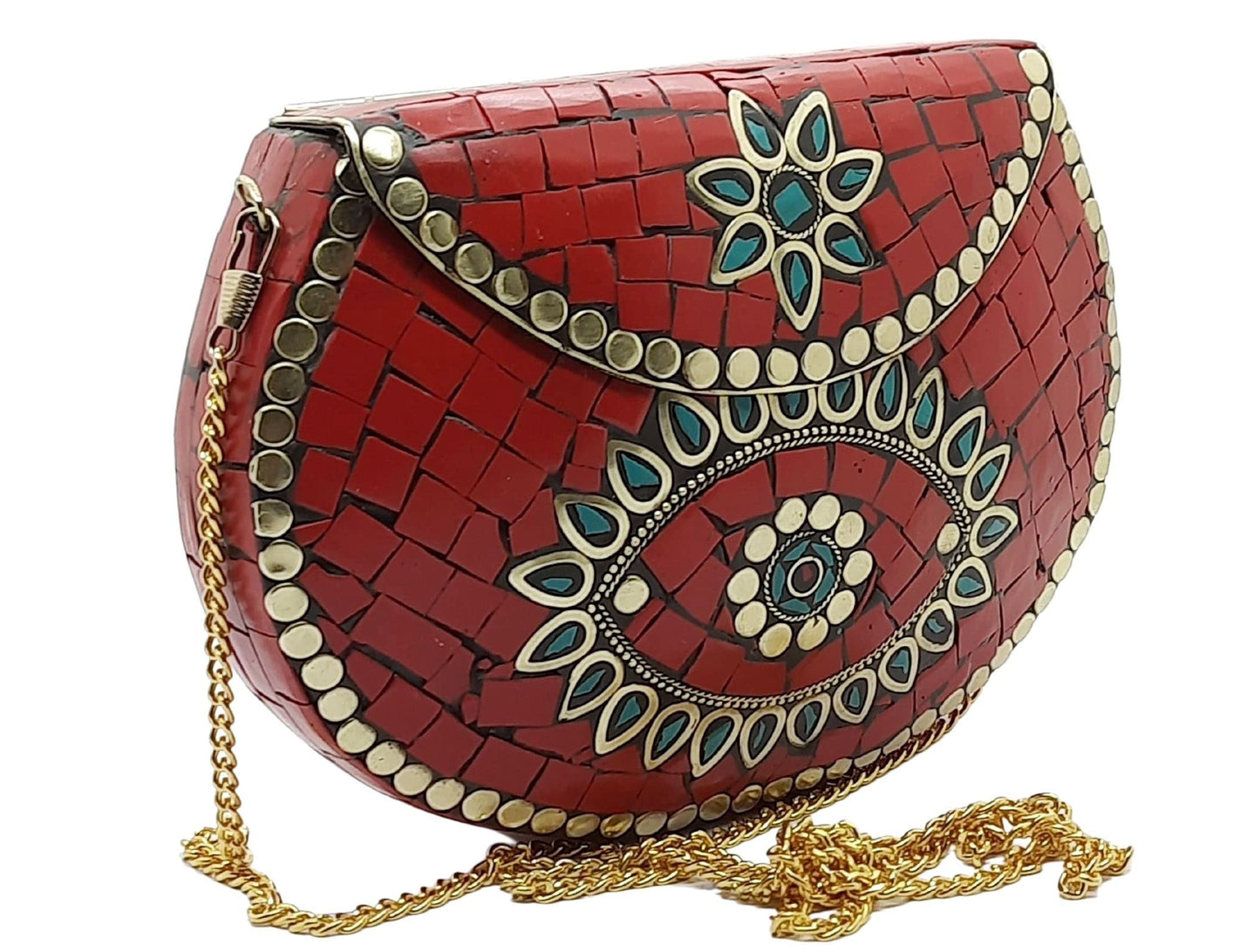 Trend Overseas Ethnic Antique Indian Handmade Mosaic Stone Chip Bag Bridal Clutch