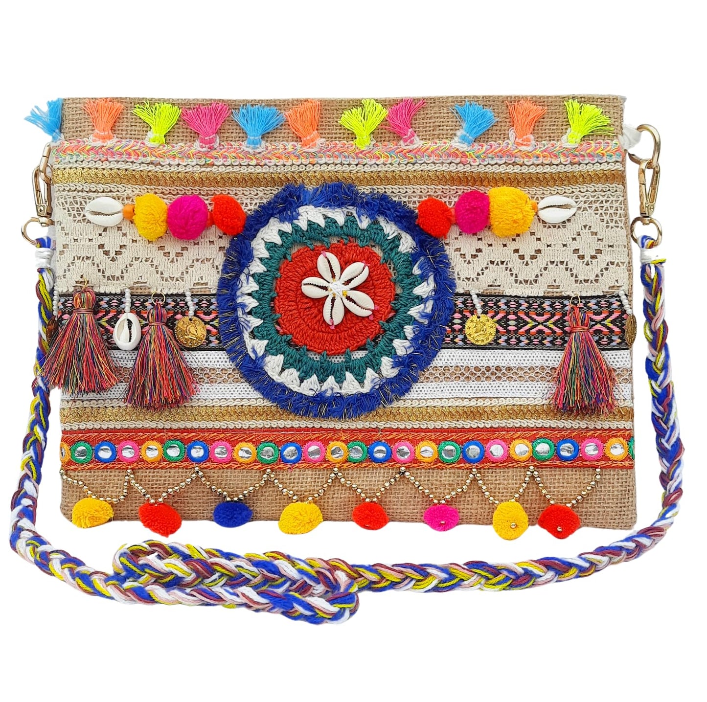 Trend Overseas Multicolor Jute Embroidery pom pom Bridal Bag cross body party sling bag