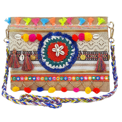 Trend Overseas Multicolor Jute Embroidery pom pom Bridal Bag cross body party sling bag
