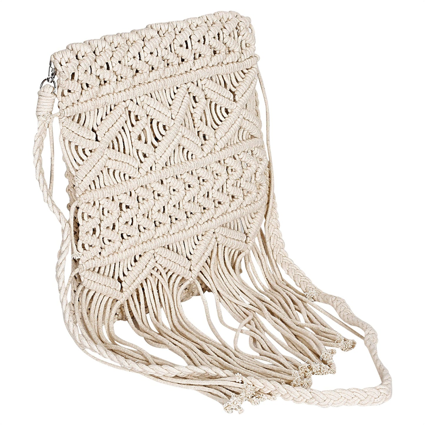 Trend Overseas Women/Girl Handwoven Crochet Macrame Cotton rope Ivory (Off-White) Sling/Clutch Handbag