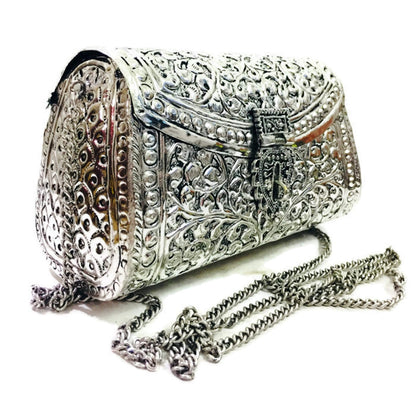 Trend Overseas women gift bridal bag Silver Brass Metal Clutch Sling Bag Indian Ethnic Antique clutch