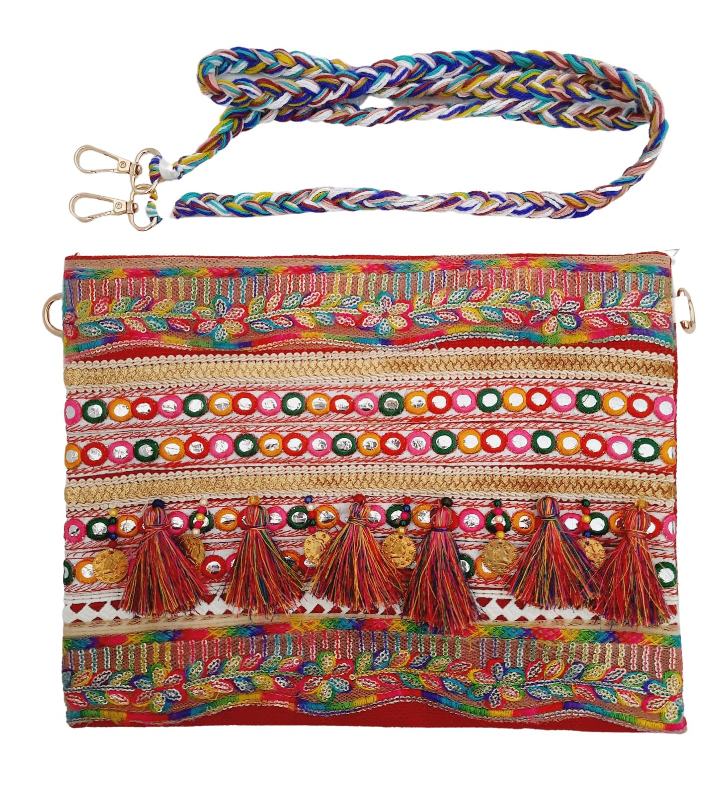 Trend Overseas Multicolor Jute Embroidery pom pom Bridal Bag cross body party sling bag