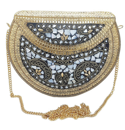 Trend Overseas Golden shell nacre stone bag ethnic clutch indian antique purse mosaic bag metal bag