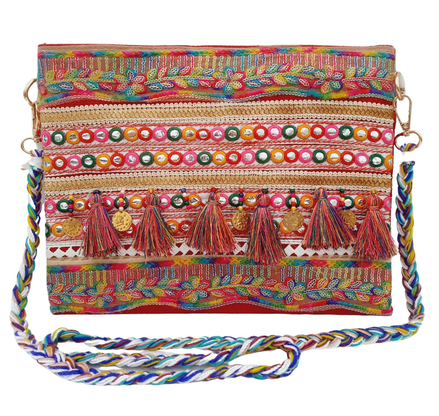 Trend Overseas Multicolor Jute Embroidery pom pom Bridal Bag cross body party sling bag