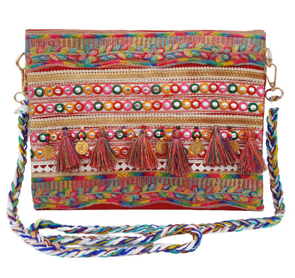 Trend Overseas Multicolor Jute Embroidery pom pom Bridal Bag cross body party sling bag