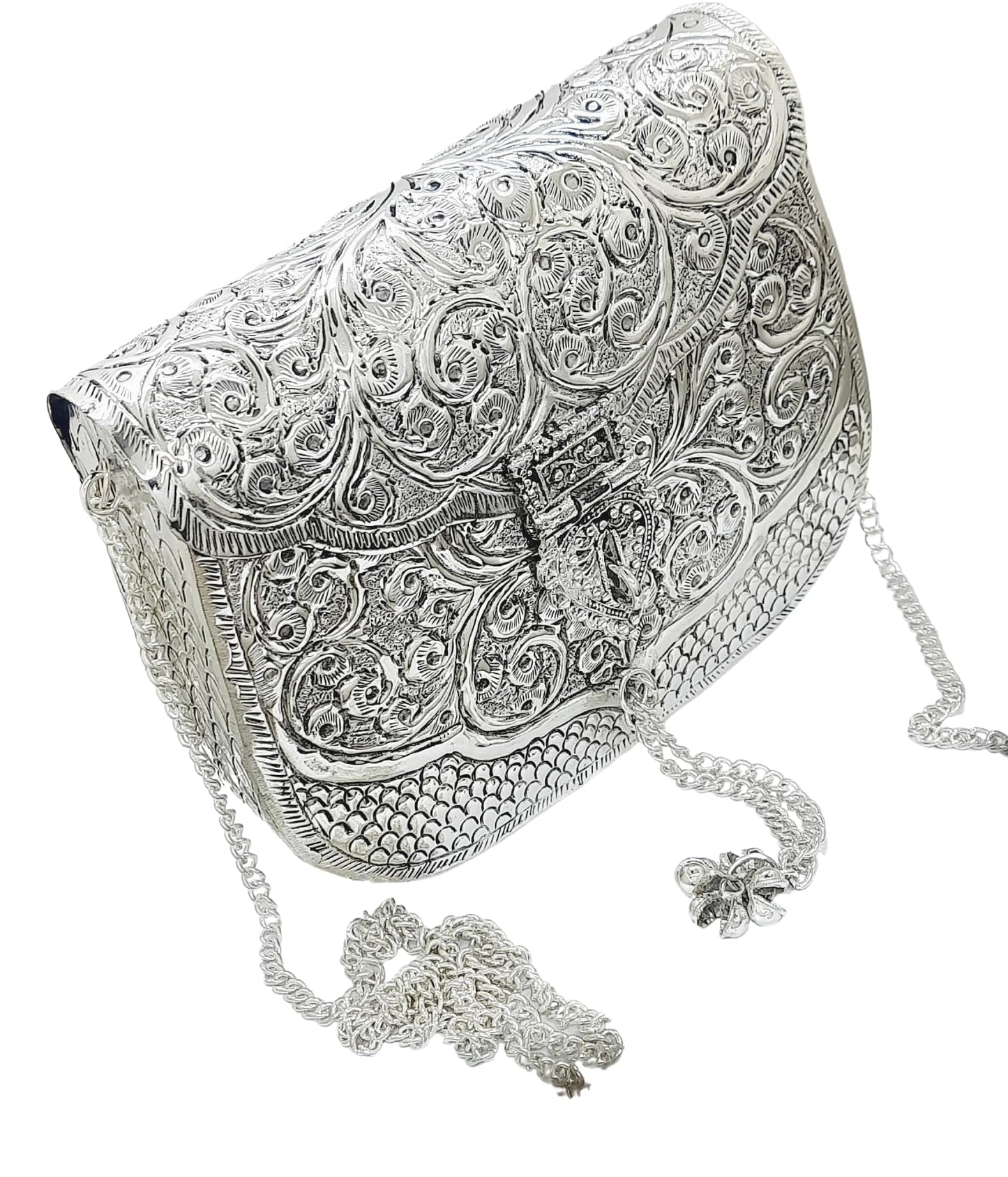 Trend Overseas Women Silver Bridal Metal Clutch - Antique Hand Carving Bag Bridal Antique Purse