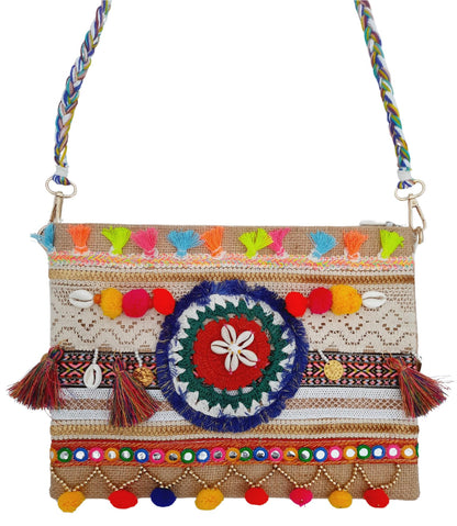 Trend Overseas Multicolor Jute Embroidery pom pom Bridal Bag cross body party sling bag