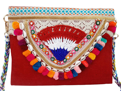 Trend Overseas Multicolor Jute Embroidery pom pom Bridal Bag cross body party sling bag