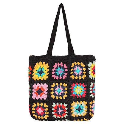 Trend Overseas Handwoven Crochet Multicolour Flower Straw Bag - Travel, Beach, Shopping Woven Shoulder Bag for Women