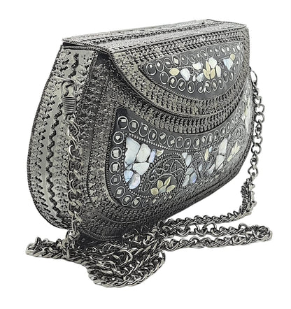 Trend Overseas Handmade Antique Stone Bag Ethnic Clutch - Metal Bag Perfect for Parties, Fits All Cellphone Models