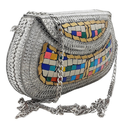 Trend Overseas Handmade Antique Stone Bag Ethnic Clutch - Metal Bag Perfect for Parties, Fits All Cellphone Models