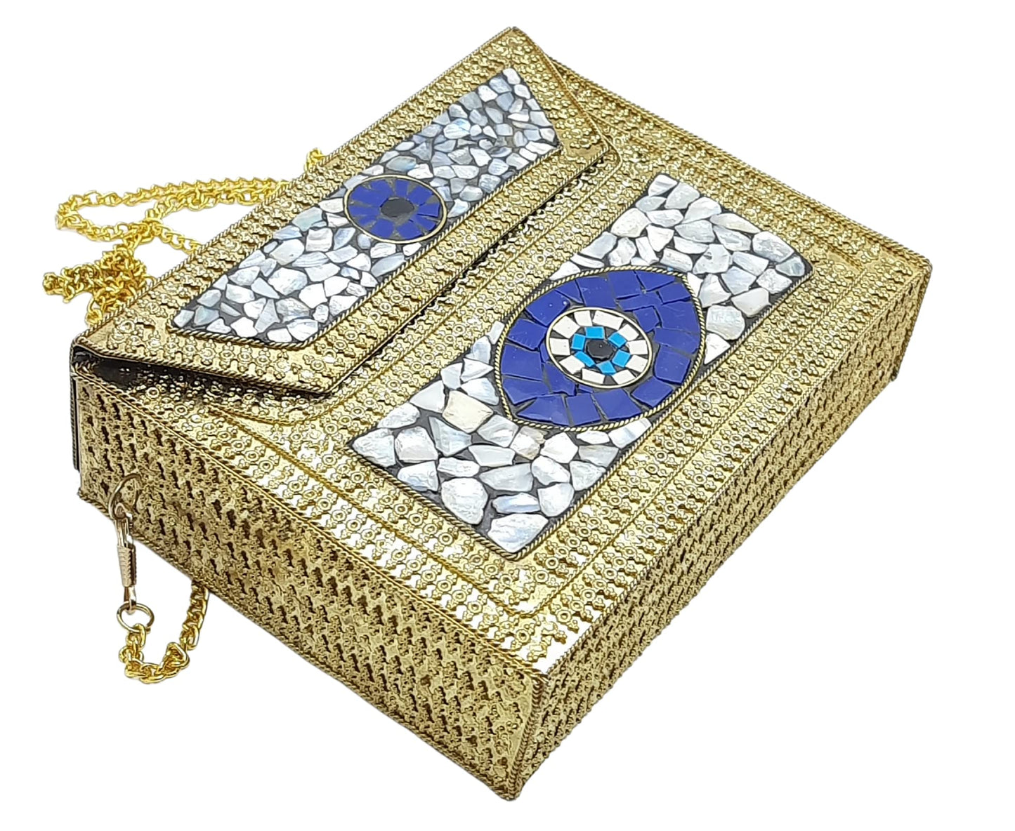 Trend Overseas Women's Golden shell nacre stone bag ethnic Metal clutch