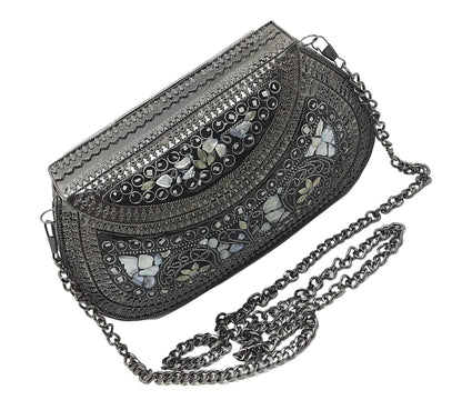 Trend Overseas Handmade Antique Stone Bag Ethnic Clutch - Metal Bag Perfect for Parties, Fits All Cellphone Models