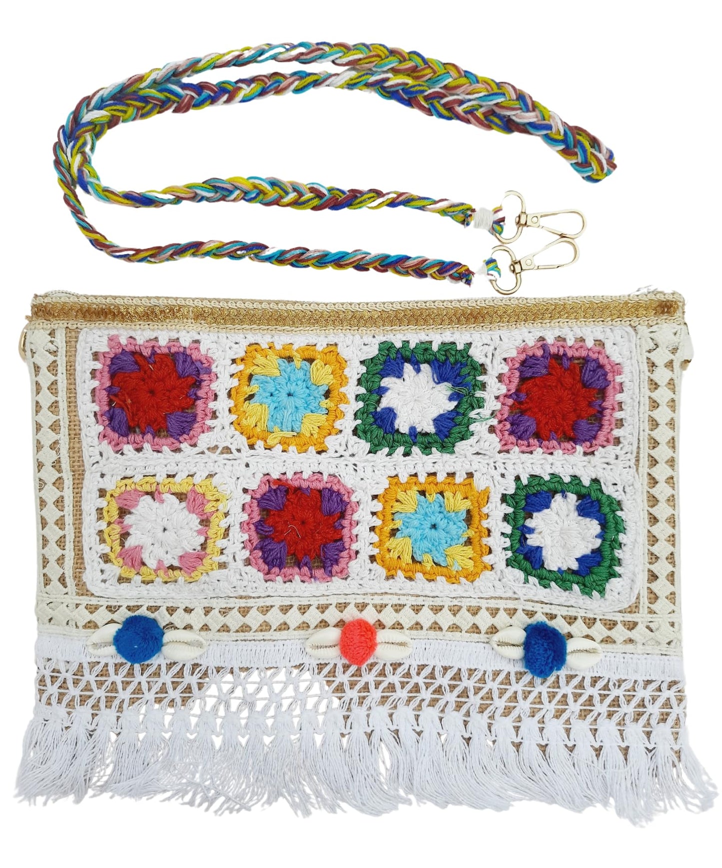 Trend Overseas Multicolor Jute Embroidery pom pom Bridal Bag cross body party sling bag