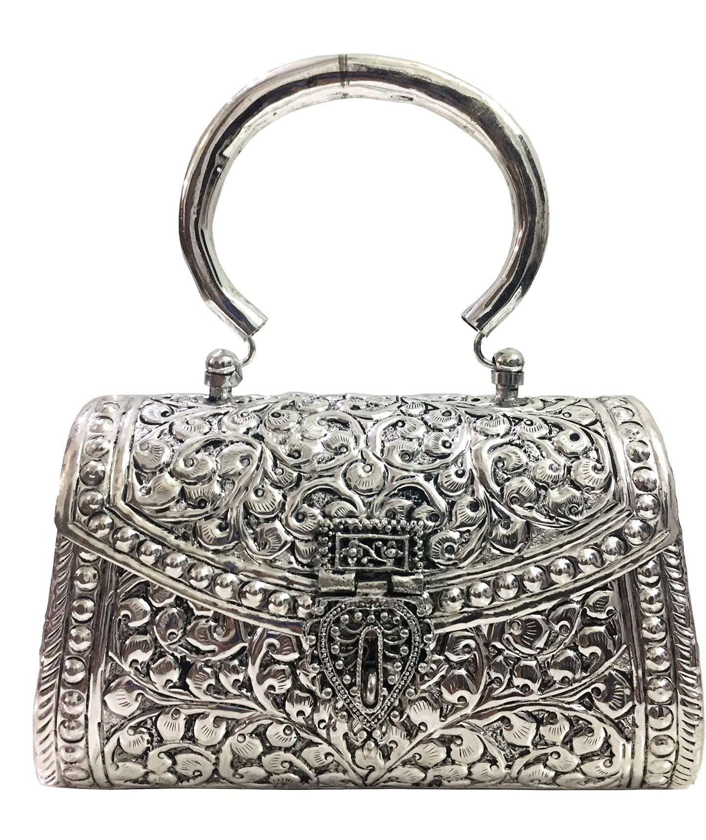 Trend Overseas Oxidized Silver Clutch Bag with Handle – German Brass Bridal Purse for Weddings & Parties