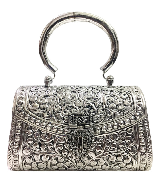 Trend Overseas Oxidized Silver Clutch Bag with Handle – German Brass Bridal Purse for Weddings & Parties