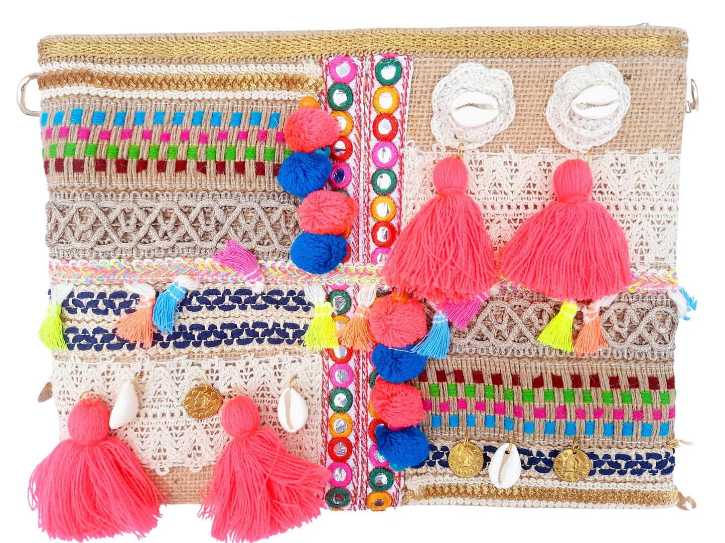 Trend Overseas Multicolor Jute Embroidery pom pom Bridal Bag cross body party sling bag