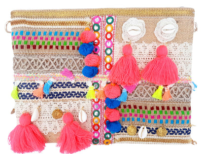 Trend Overseas Multicolor Jute Embroidery pom pom Bridal Bag cross body party sling bag