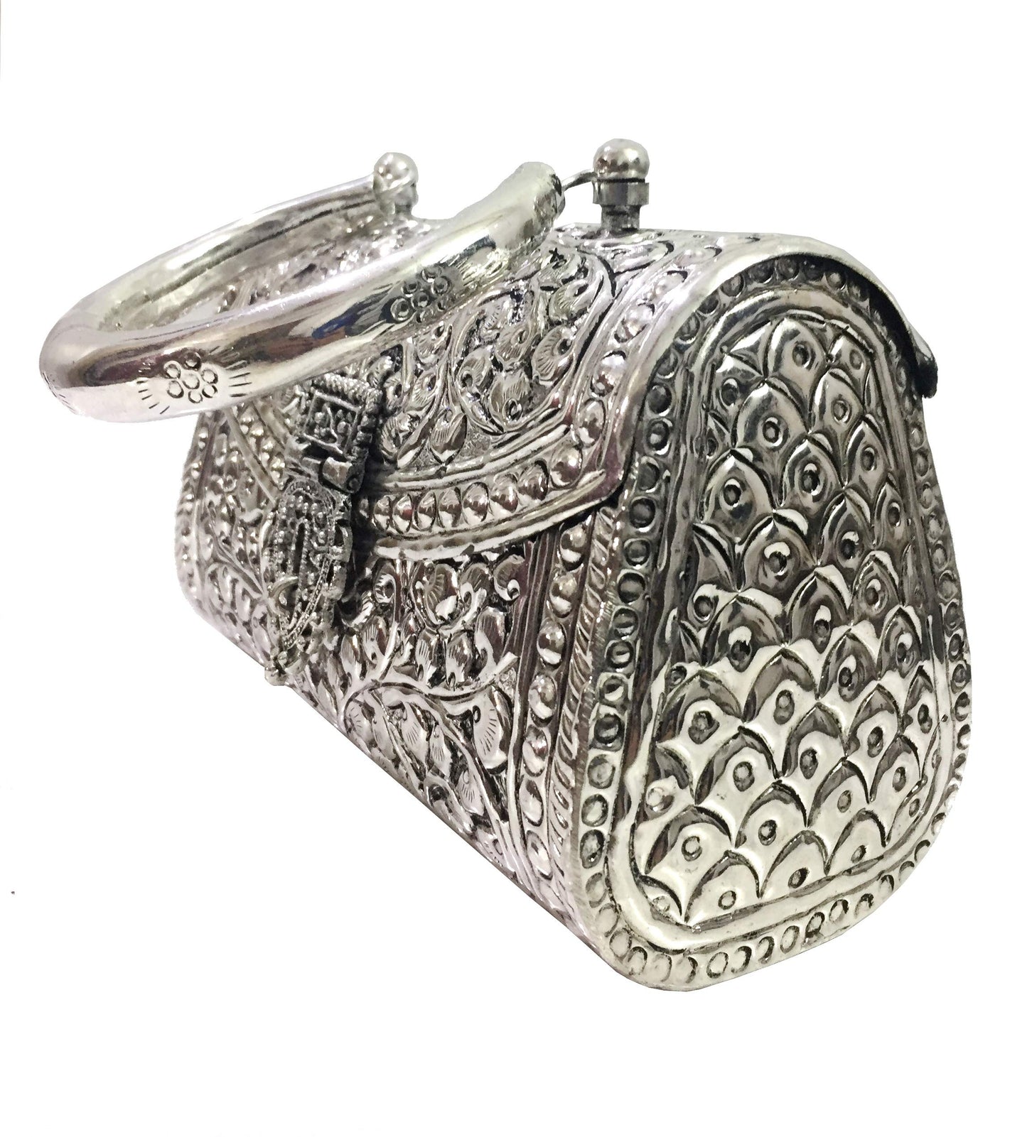 Trend Overseas Oxidized Silver Clutch Bag with Handle – German Brass Bridal Purse for Weddings & Parties