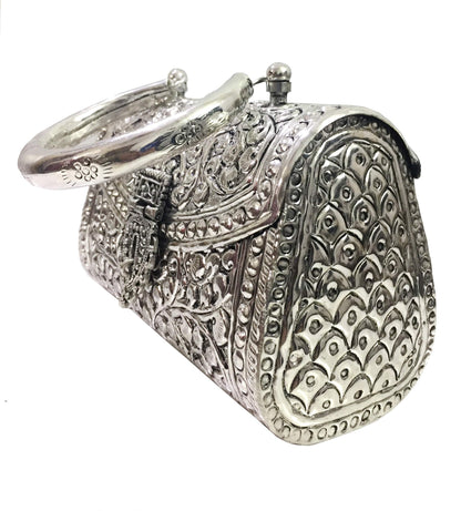 Trend Overseas Oxidized Silver Clutch Bag with Handle – German Brass Bridal Purse for Weddings & Parties