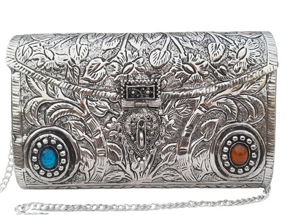 Trend Overseas Ethnic Women Silver Brass Metal Bridal bag Handle Clutch Sling Bag