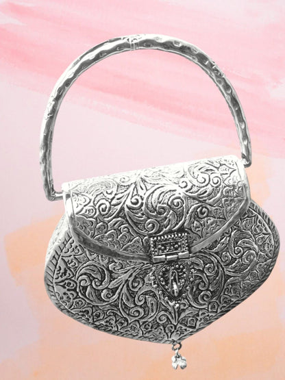 Trend Overseas Women's Brass Metal Ethnic Clutch Handle Bag (Silver)