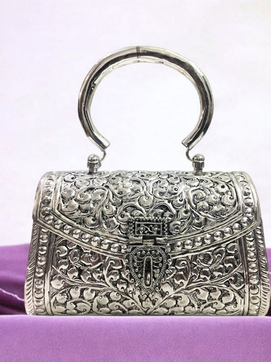Trend Overseas Oxidized Silver Clutch Bag with Handle – German Brass Bridal Purse for Weddings & Parties