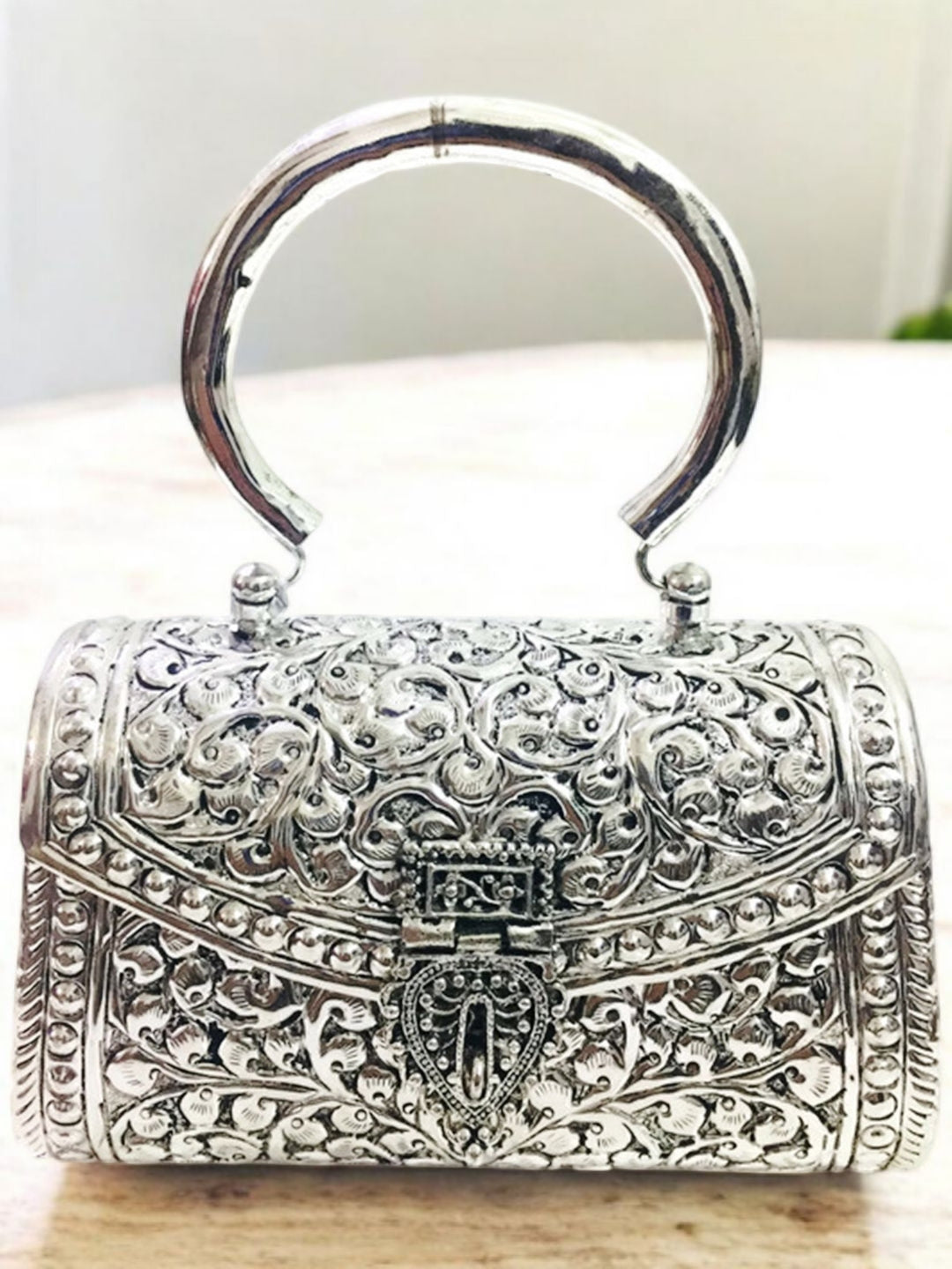 Trend Overseas Oxidized Silver Clutch Bag with Handle – German Brass Bridal Purse for Weddings & Parties