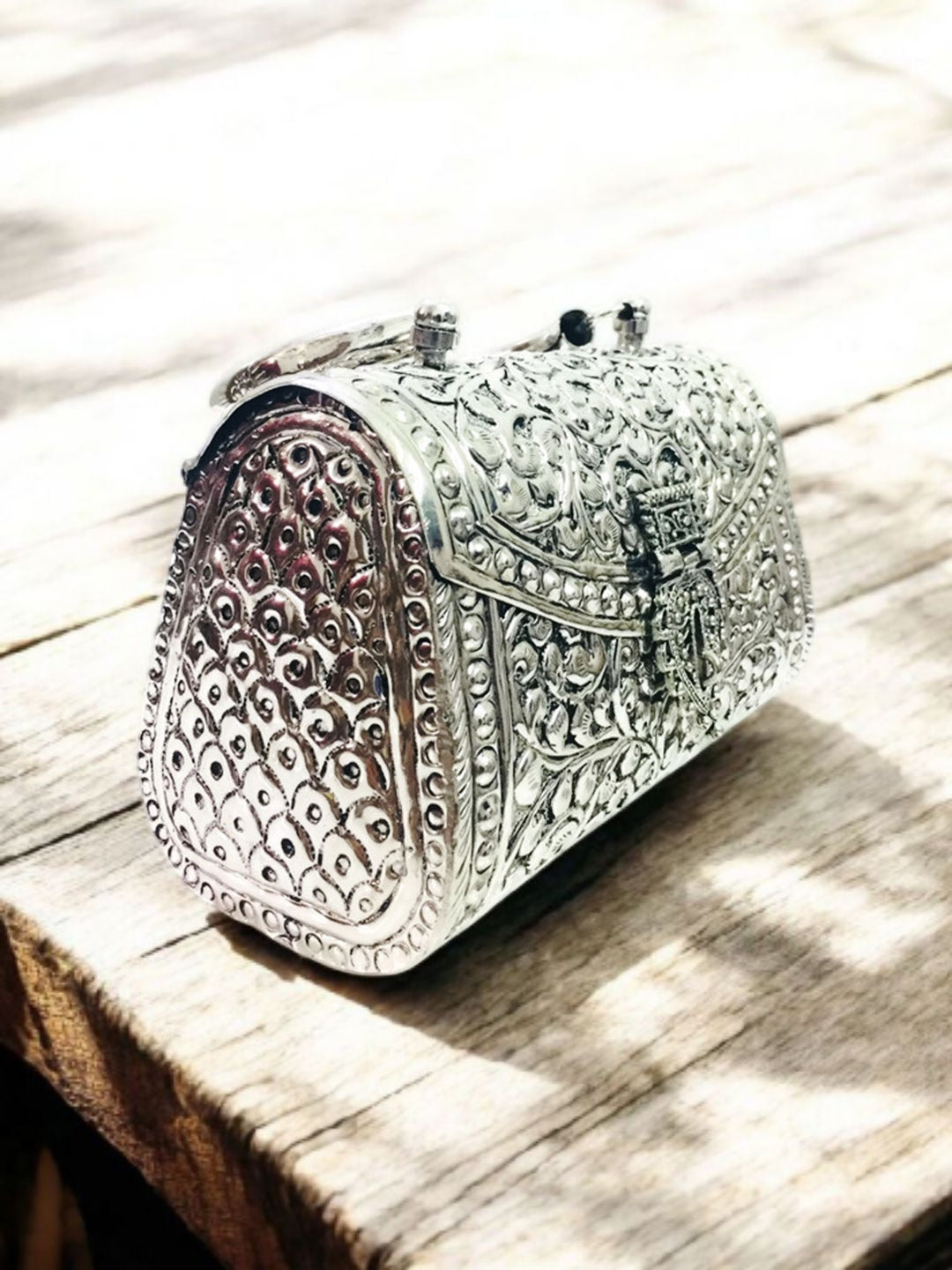 Trend Overseas Oxidized Silver Clutch Bag with Handle – German Brass Bridal Purse for Weddings & Parties