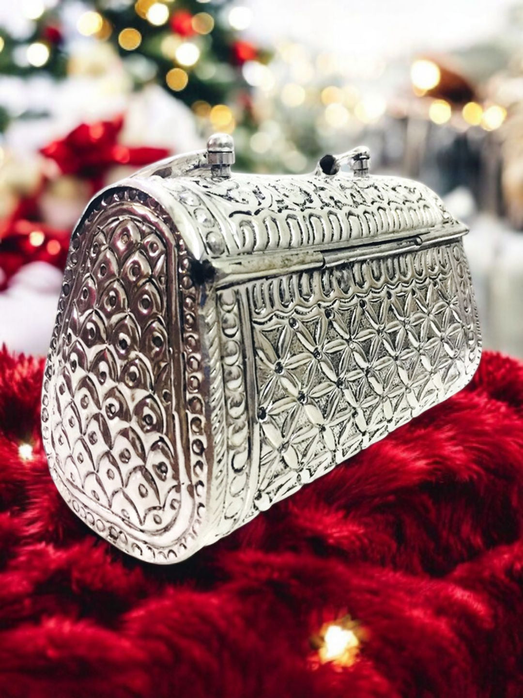 Trend Overseas Oxidized Silver Clutch Bag with Handle – German Brass Bridal Purse for Weddings & Parties