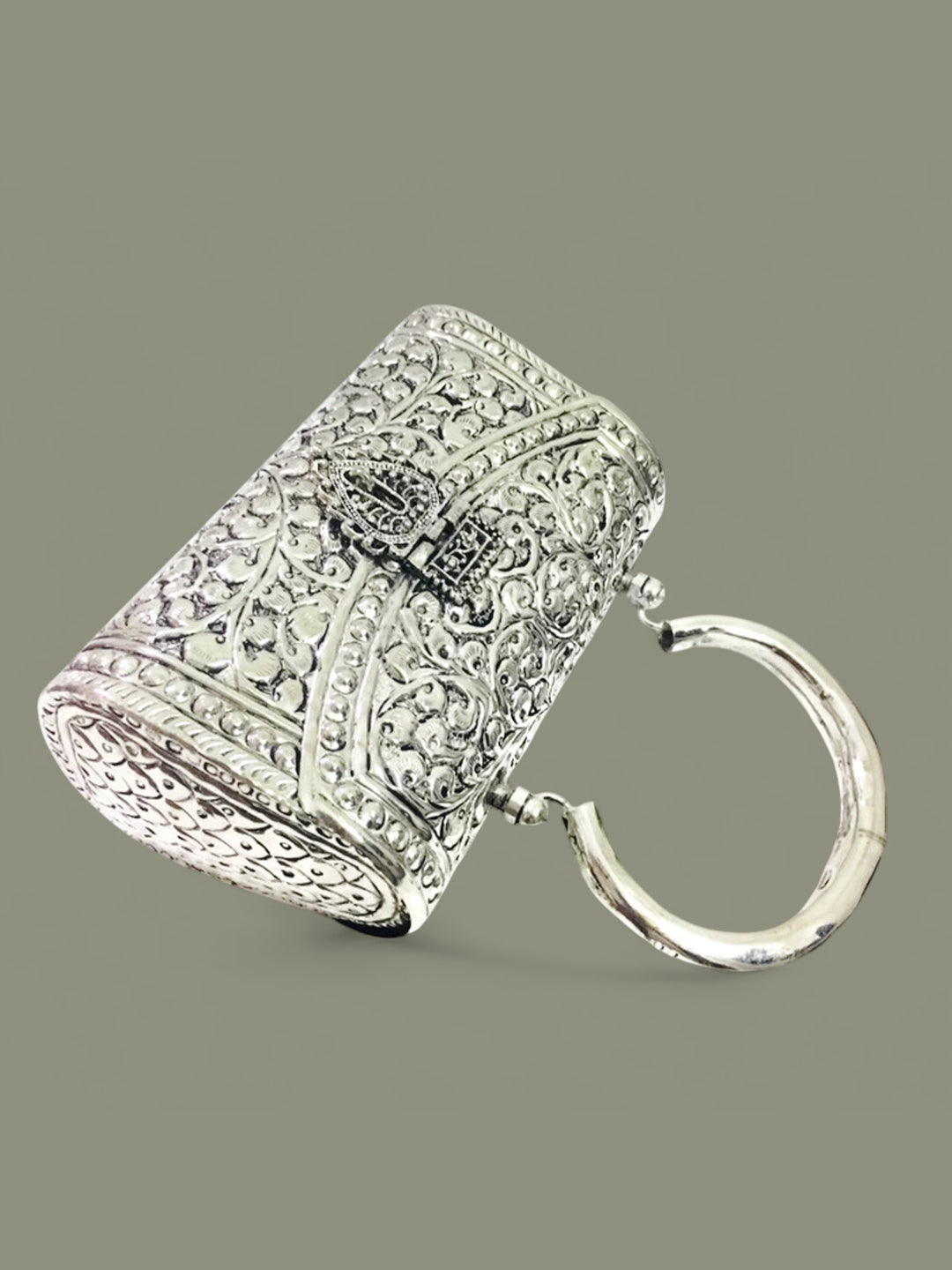 Trend Overseas Oxidized Silver Clutch Bag with Handle – German Brass Bridal Purse for Weddings & Parties