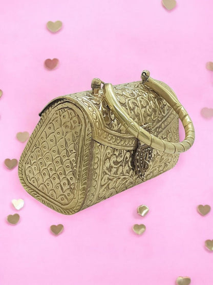 Trend Overseas Gold Metal Bridal Clutch – Brass Handle Evening Purse for Weddings & Parties