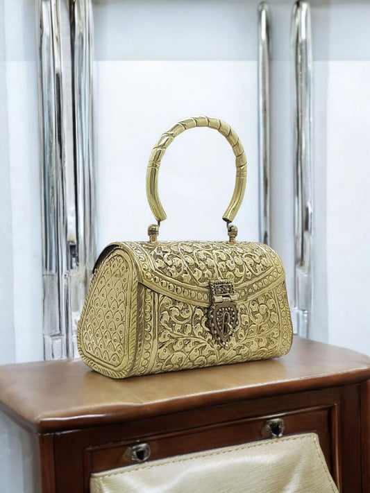 Trend Overseas Gold Metal Bridal Clutch – Brass Handle Evening Purse for Weddings & Parties