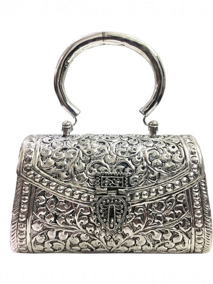 Trend Overseas Oxidized Silver Clutch Bag with Handle – German Brass Bridal Purse for Weddings & Parties